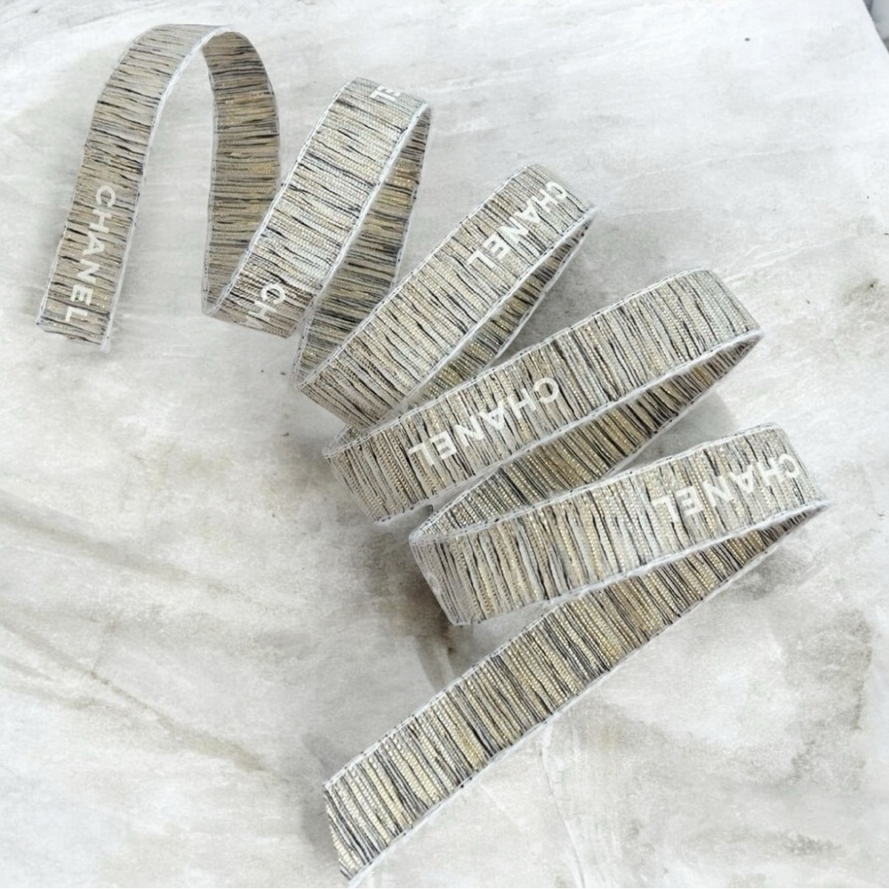 Authentic CHANEL Gold with white embossed lettering Ribbon Sold By 2 Yard (72in)